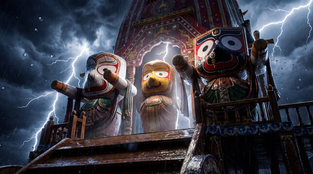 Lord jagannath, balabhadra, and subhadra deities on rath yatra chariot under a dramatic stormy sky with lightning strikes