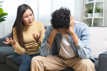 Breakup and depressed, asian young quarrel couple love fight relationship in trouble. Different people are emotion angry. Argue husband has expression upset with wife. Problem of family people.