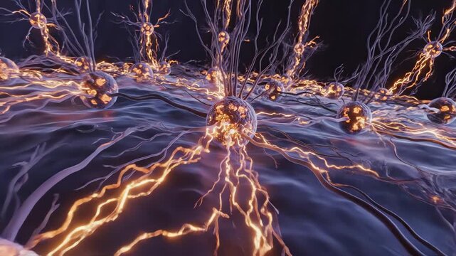 Pain signal processing in the thalamus, where multiple neural pathways converge. Glowing particle currents enter spherical relay nuclei, branching into distinct projection lines