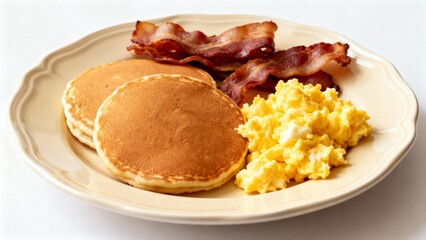 crispy bacon, scrambled egg, pancakes, breakfast