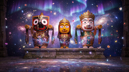 Lord jagannath, balabhadra, and subhadra deities against a vibrant cosmic background with aurora borealis and sparkling stars