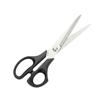 Stainless steel scissors with black plastic handles on white background  