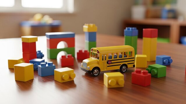 Yellow School Bus Toy and Building Blocks on Wooden Surface - Powered by Adobe