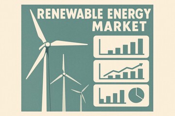 Renewable energy market illustration with wind turbines and charts