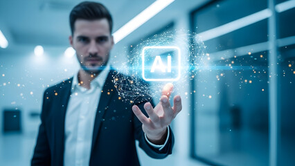 Businessman interacting with futuristic holographic AI icon in modern office environment for technology innovation and digital transformation concept