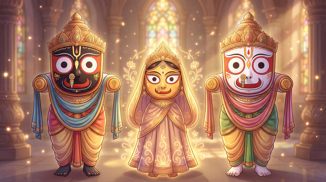 Three deities, lord jagannath, subhadra, and balabhadra, standing in a brightly lit temple interior, highly detailed digital art