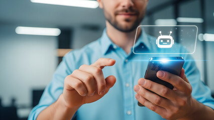 Modern man using smartphone with holographic robot icon in futuristic office environment for technology innovation and AI development concepts