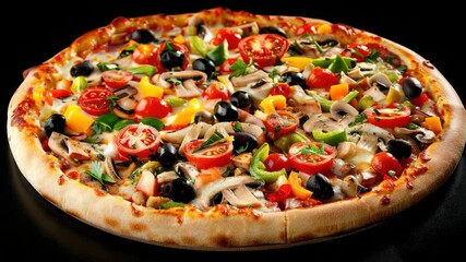 A mouthwatering pizza with multiple toppings, including vegetables and cheese. It's ready for serving.