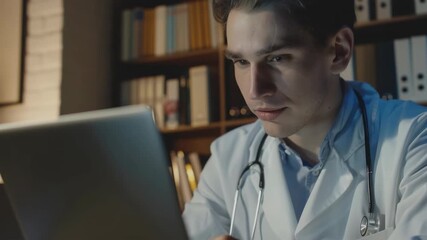 A male doctor wearing white coat and stethoscope working on a laptop in his office. - Powered by Adobe