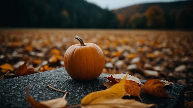 Video A small pumpkin perched atop a stone, perfect for fall or Halloween scenes