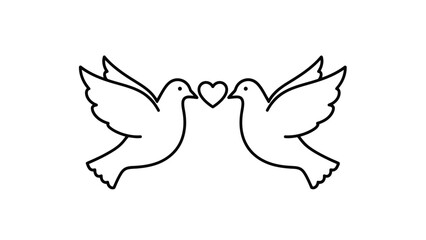 Naklejka premium Two white doves with a heart between them, symbolizing love, peace, and unity in a simple line art illustration.