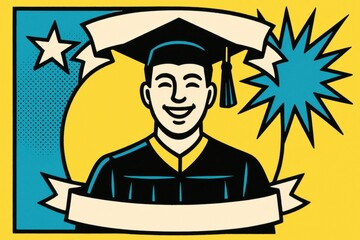 Happy graduate in cap and gown illustration with stars and banner