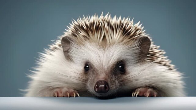 Close-up of a hedgehog against a blue background. Perfect for pet, wildlife, or cute animal y needs.