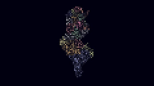 Tunisia dotted animation. Shape of the country build of pulsating colored dots. Small size square blocks. Digital style map on dark background. Artistic video.