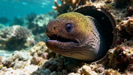 moray eel underwater out of hole