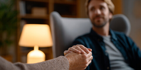 Obraz premium Close-up of two people holding hands in a comforting gesture with a blurred background of a man sitting in a cozy room with warm lighting