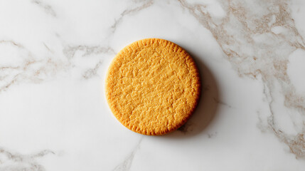 A single round biscuit with a textured surface lies on a marbled background, offering a simple treat.