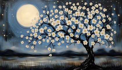 White flowering tree under full moon near calm lake at night
