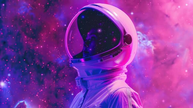 An astronaut in a white suit with clear helmet and pink space background for exploration concepts or outer space theme.