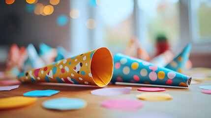 Colorful party hats and confetti on a wooden table