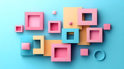 Colorful geometric shapes composition on blue background