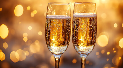 Two champagne glasses golden bokeh background