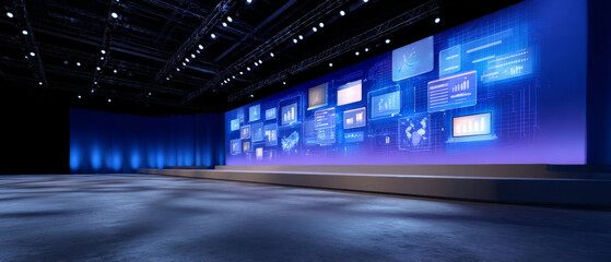 Modern conference stage with digital data visualization screens and blue ambient lighting in a large empty event hall