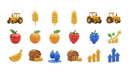 Colorful farm produce icons set including fruits grains and agricultural elements isolated on transparent background