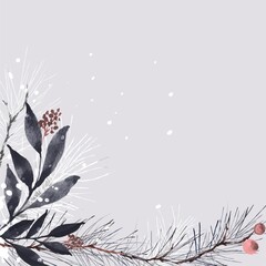Watercolor Winter Floral Border Gray Background