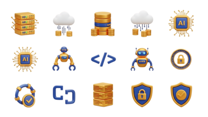 Digital technology icons set featuring servers clouds robots and security elements isolated on transparent background