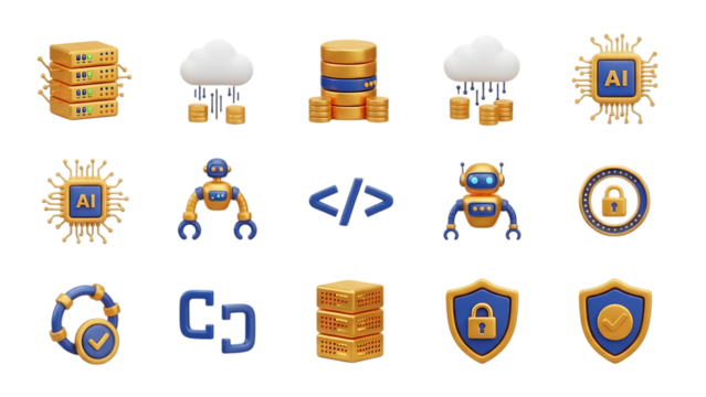 Digital technology icons set featuring servers clouds robots and security elements isolated on transparent background - Powered by Adobe