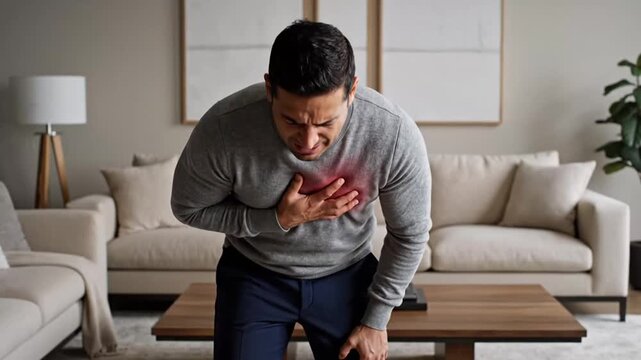 Man experiencing sudden chest pain while clutching his heart in a living room