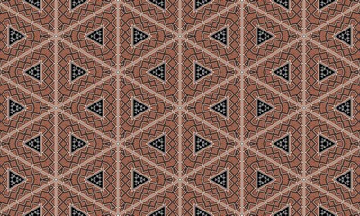 Naklejka premium Earthy brown and black geometric pattern illustration with intricate triangles and stars, evoking a rustic, artisanal feel