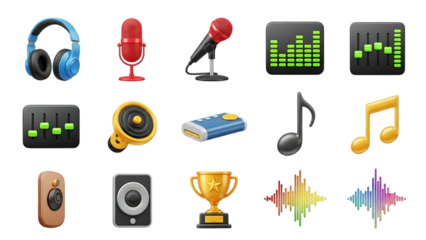 Collection of colorful music and audio icons including headphones and microphones isolated on transparent background