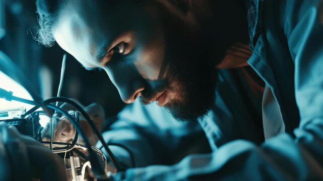 A man with a beard and mustache sits at a table, focusing intently on the small screen of an electronic device he is holding.