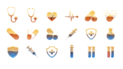 Collection of detailed medical icons including pills syringes and stethoscopes isolated on transparent background