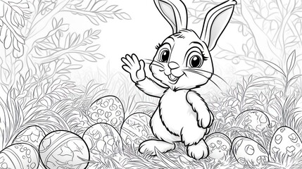 Fototapeta premium Easter bunny waving, eggs, forest, coloring page
