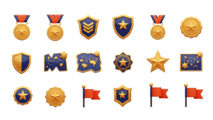 Collection of colorful badges medals and heraldic shields isolated on transparent background