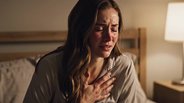 Intense emotional distress experienced by young woman clutching her chest in a