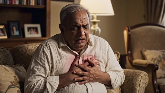 Elderly man experiencing a heart attack expressing pain and distress at home