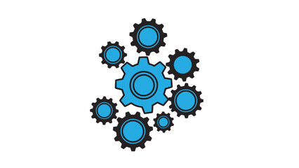 Vector illustration of blue and black interlocked gear mechanism, isolated cogwheel cluster for business process, teamwork, and technical settings