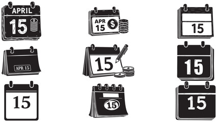 Black silhouette calendar page icons set displaying the 15th day, isolated vector symbol for tax filing deadline or monthly agenda event