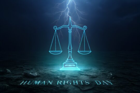 An emblem of justice and equality, the scales of balance stand strong against a backdrop of dark skies and a striking lightning strike, symbolizing the pursuit of rights. - Powered by Adobe