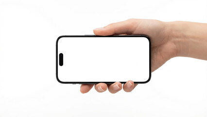 Isolated close-up of hand holding horizontal smartphone with white blank screen.