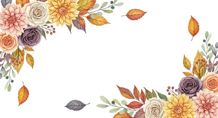 Watercolor Autumn Floral Border Design with Roses, Dahlias, and Fall Leaves