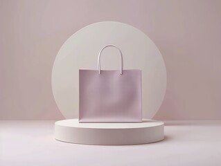 Minimalist pink shopping bag displayed on a white pedestal against a soft pastel background