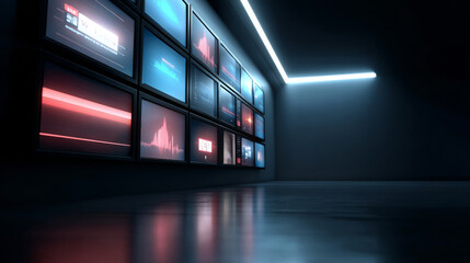 Dark modern room with multiple digital screens displaying graphs and data illuminated by neon ceiling lights