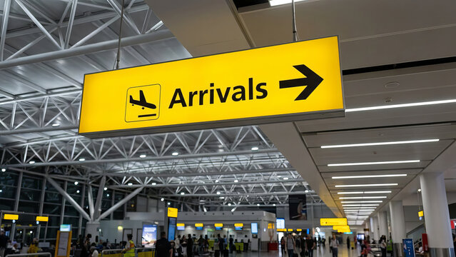 Fototapeta Bright yellow Arrivals sign with plane icon hanging in airport terminal.