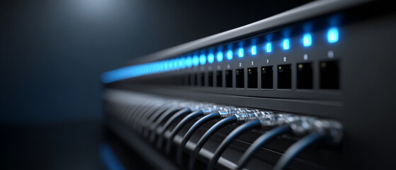 Close-up of network switch with multiple ethernet cables connected and blue indicator lights in a dark server room environment
