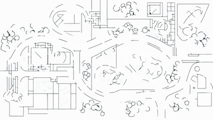 Minimalist Abstract Architectural Sketch Vector Line Art Drawing, Top View Urban Master Plan Concept